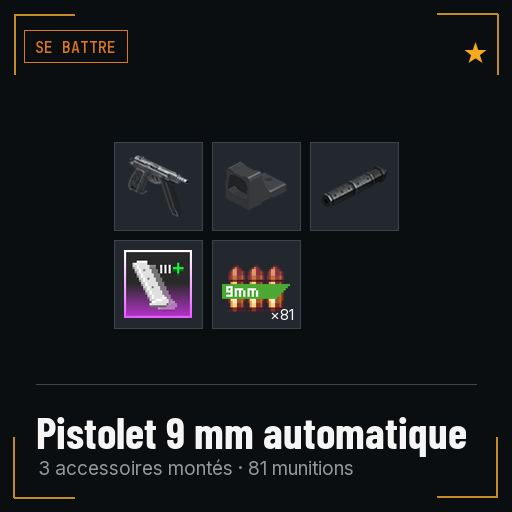 Pistolet 9 mm automatique équipé